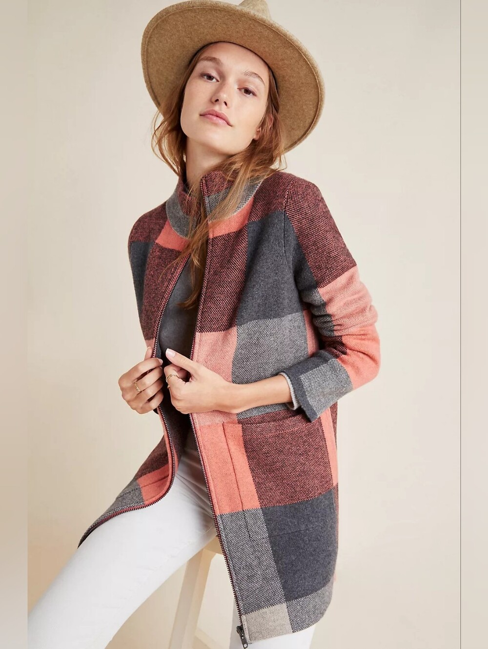 Field Flower Anthropologie Wool Plaid Cardigan Coat Womens L Pink Grey Zip Up